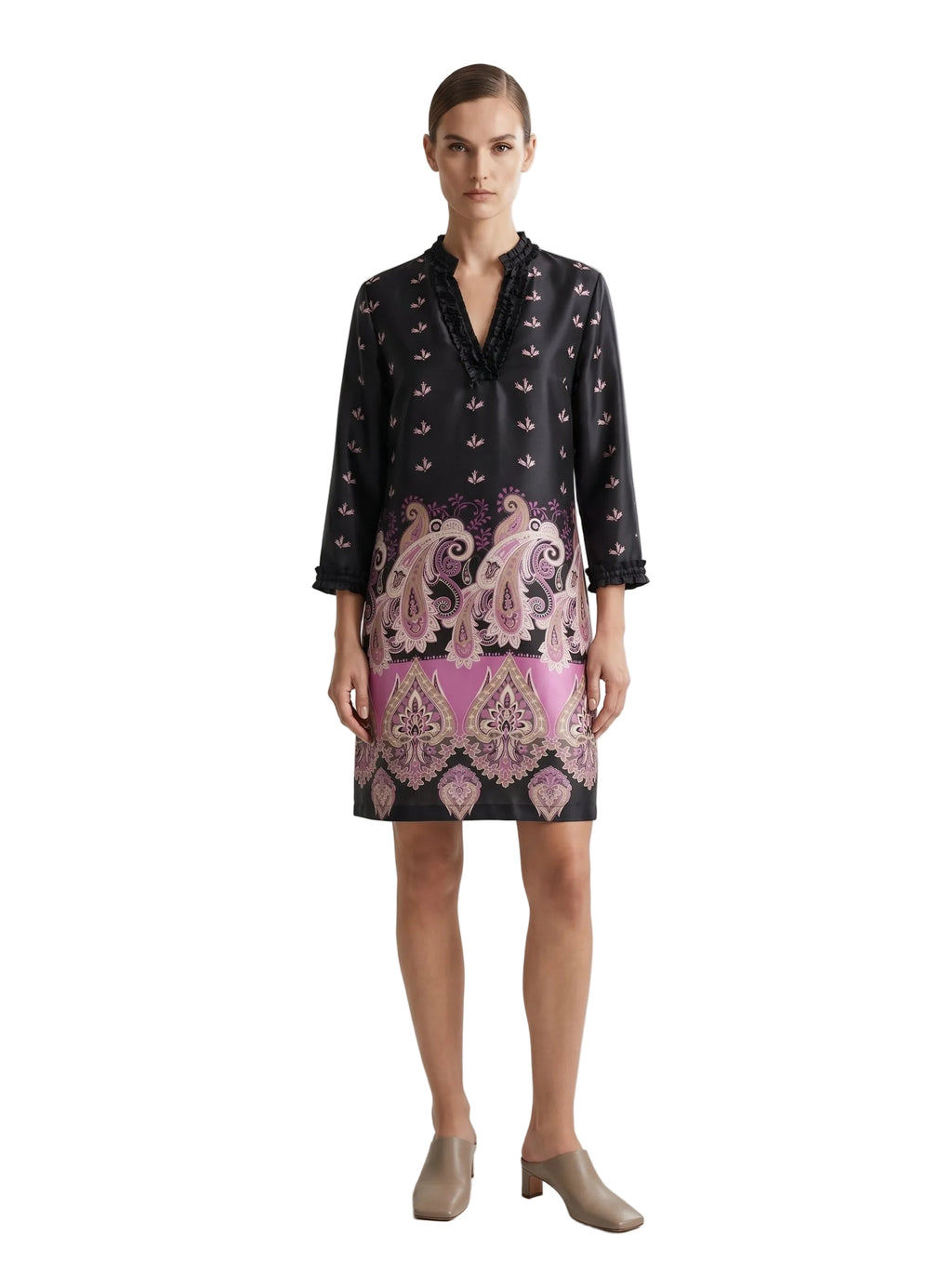 VESTIDO SEDA NEGRA CON MAGENTA