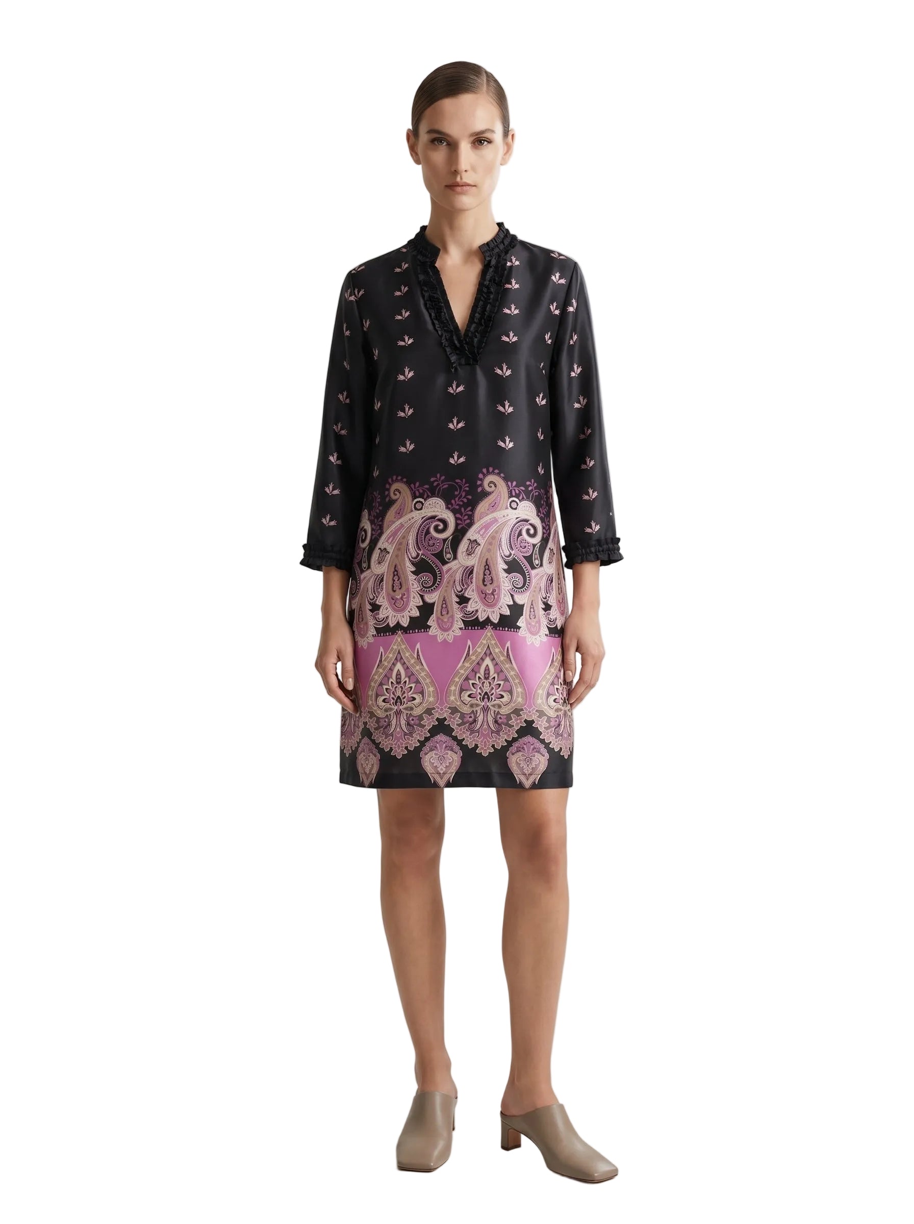 VESTIDO SEDA NEGRA CON MAGENTA