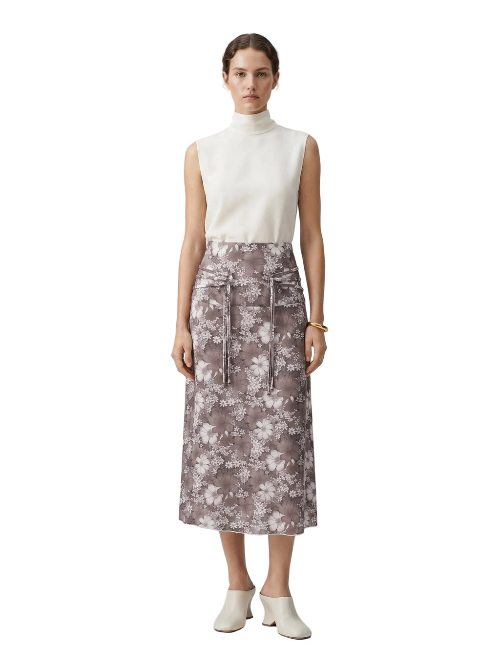 Falda Midi Floral Gris Topo