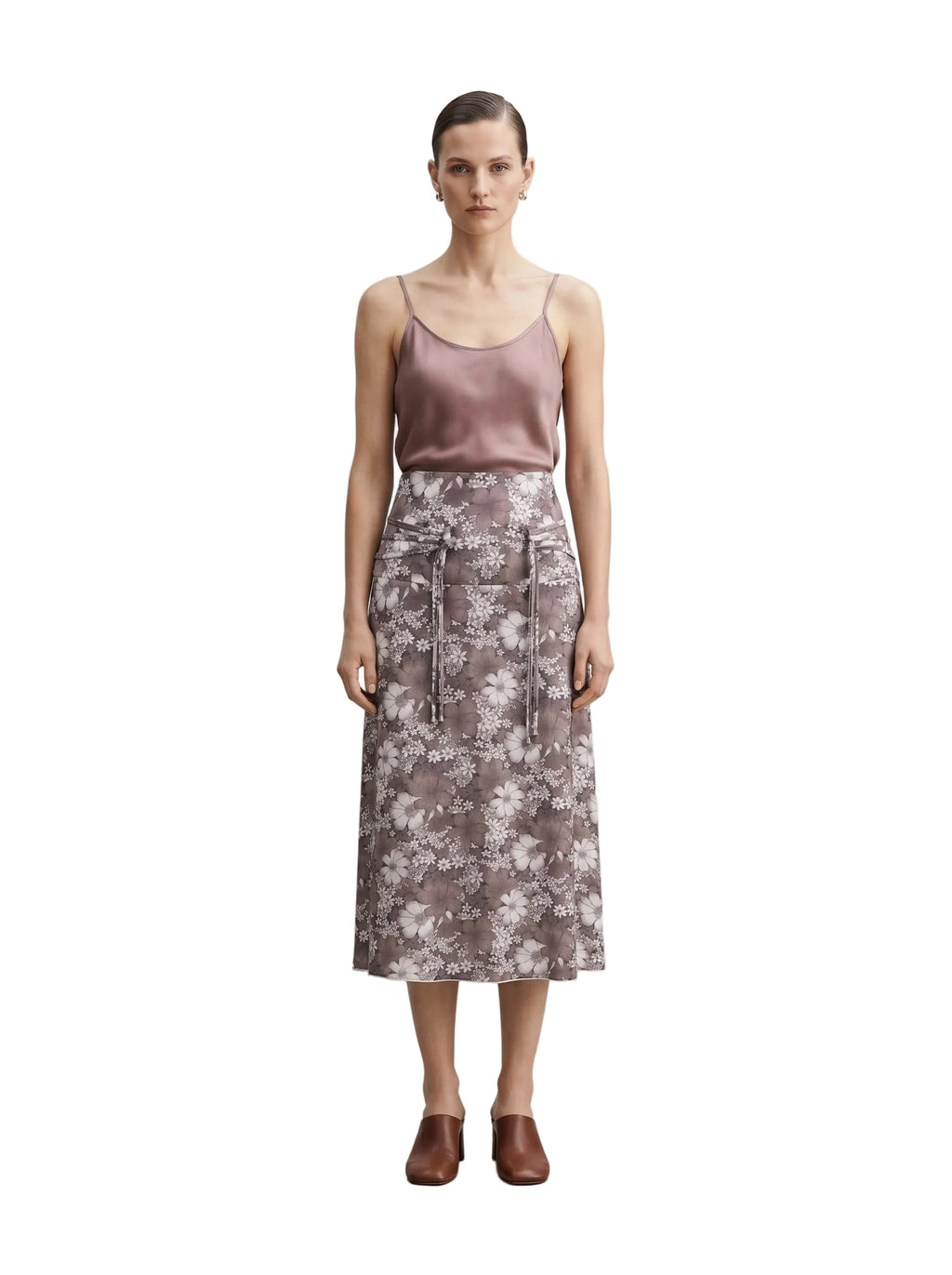 Falda Midi Floral Gris Topo