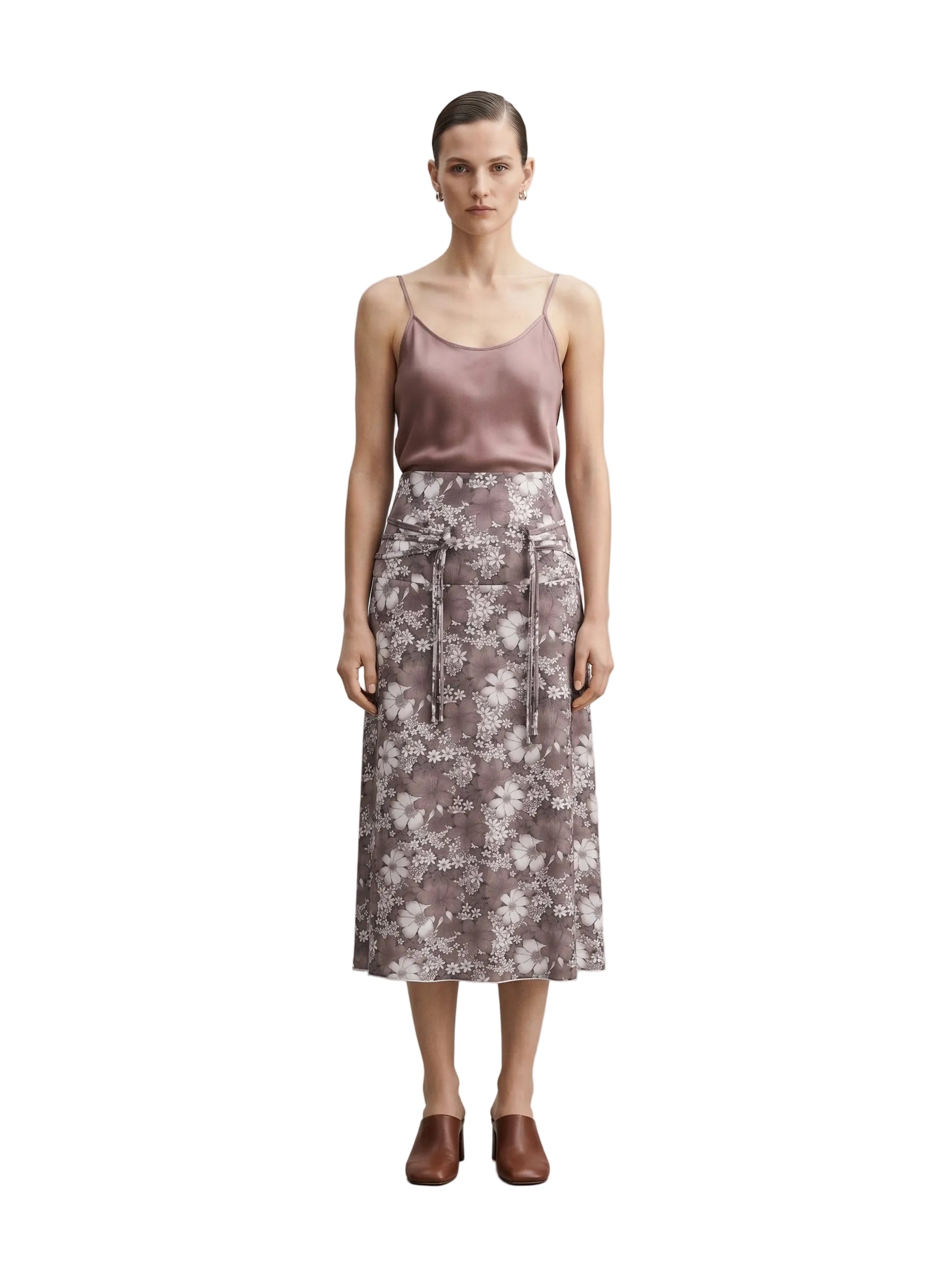 Falda Midi Floral Gris Topo