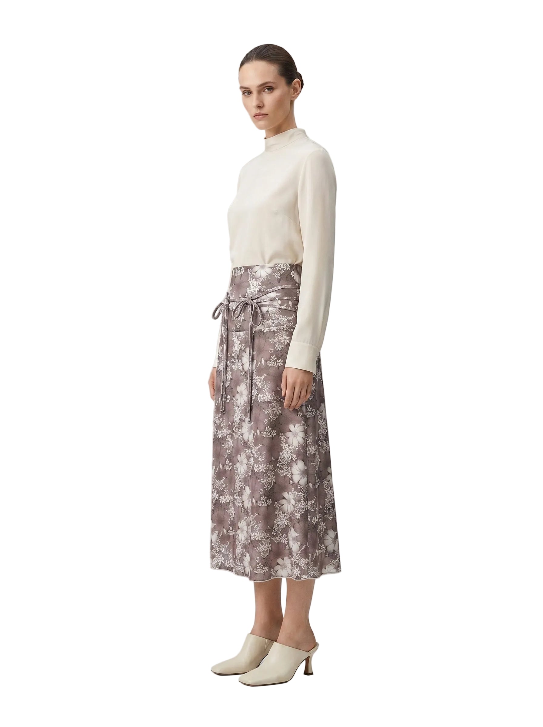 Falda Midi Floral Gris Topo