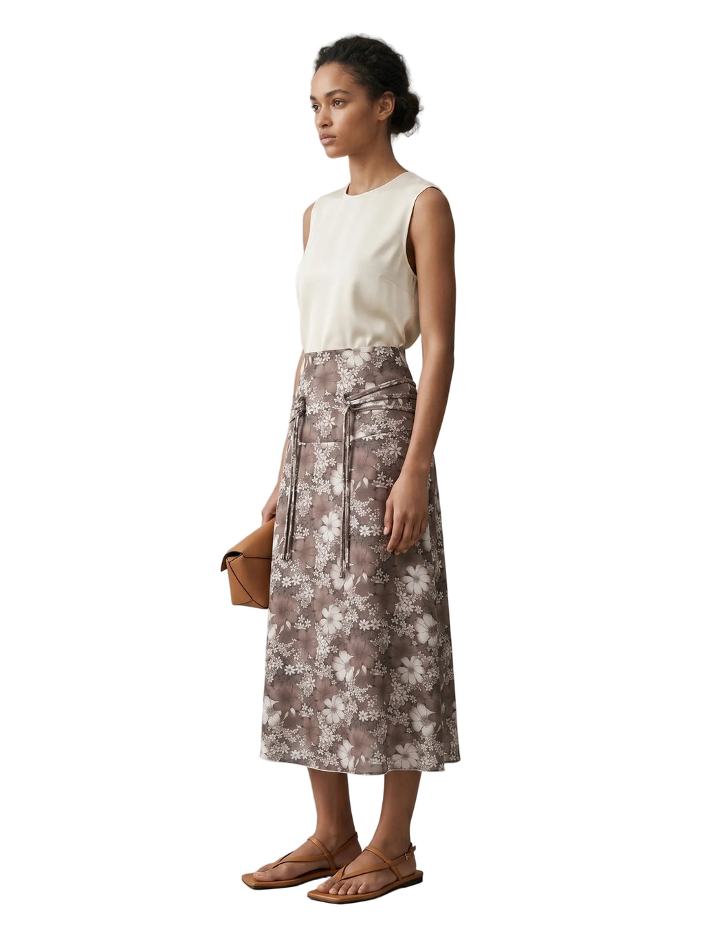 Falda Midi Floral Gris Topo