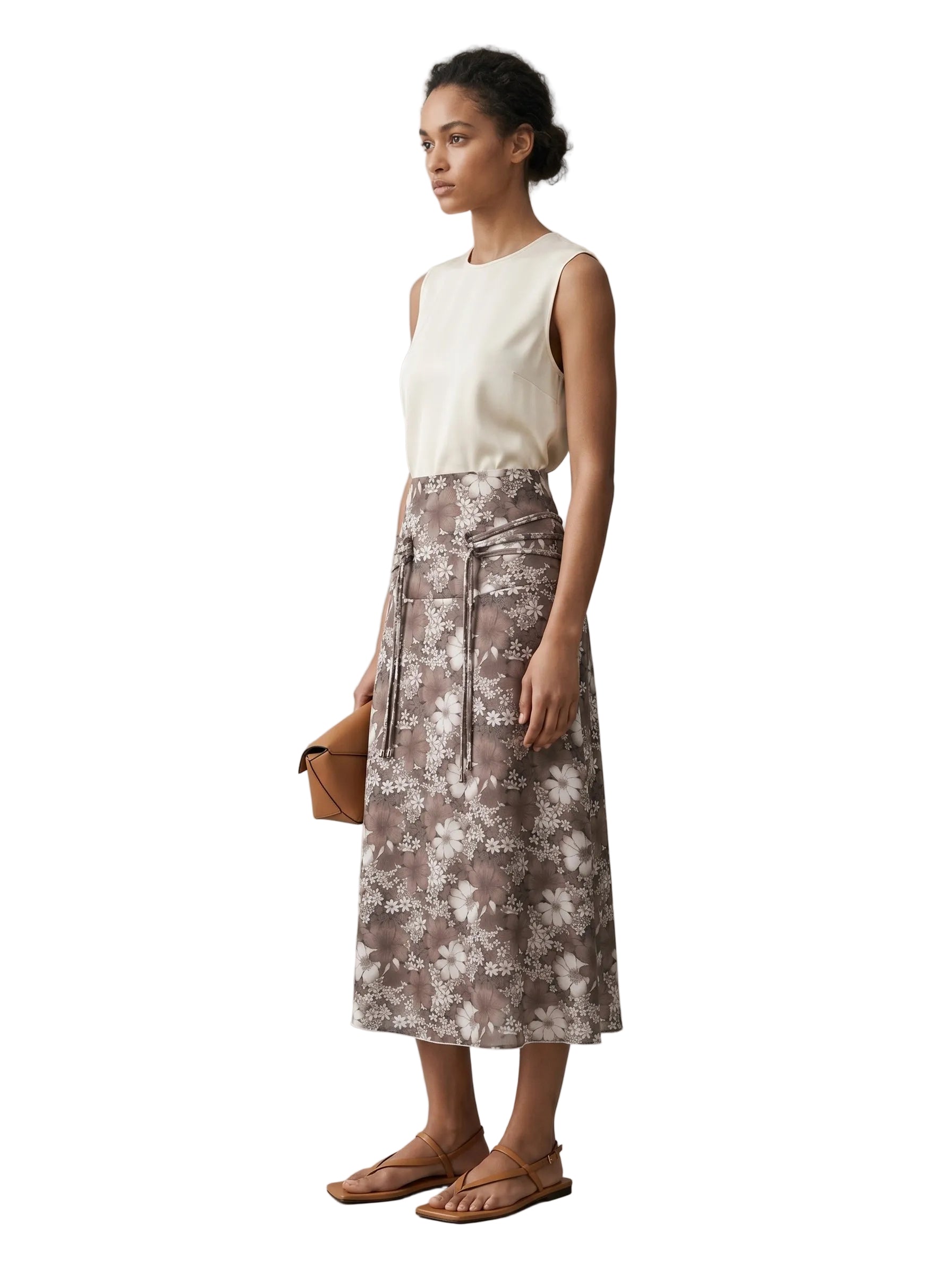 Falda Midi Floral Gris Topo
