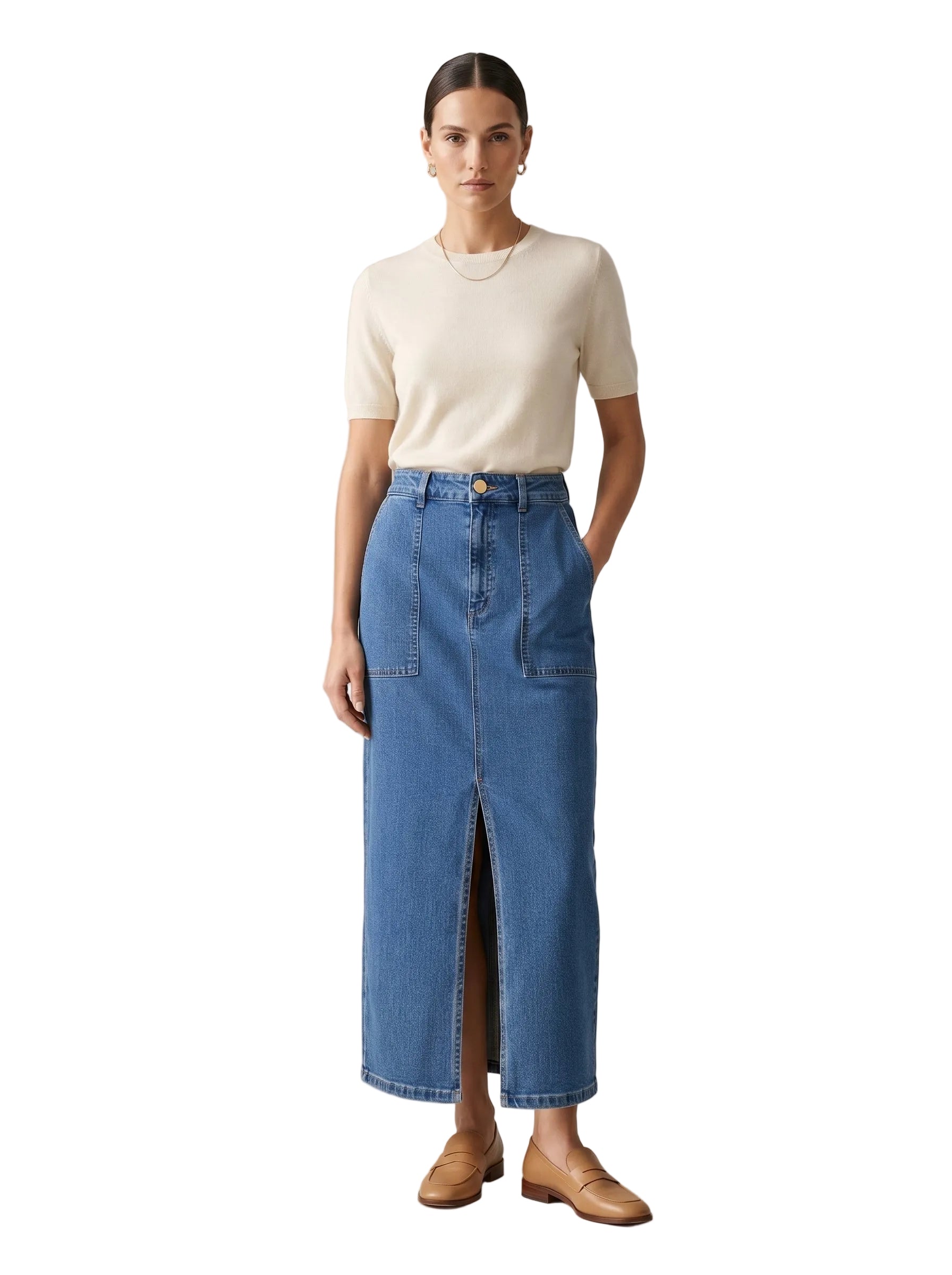 Falda Midi Denim Bolsillos & Abertura