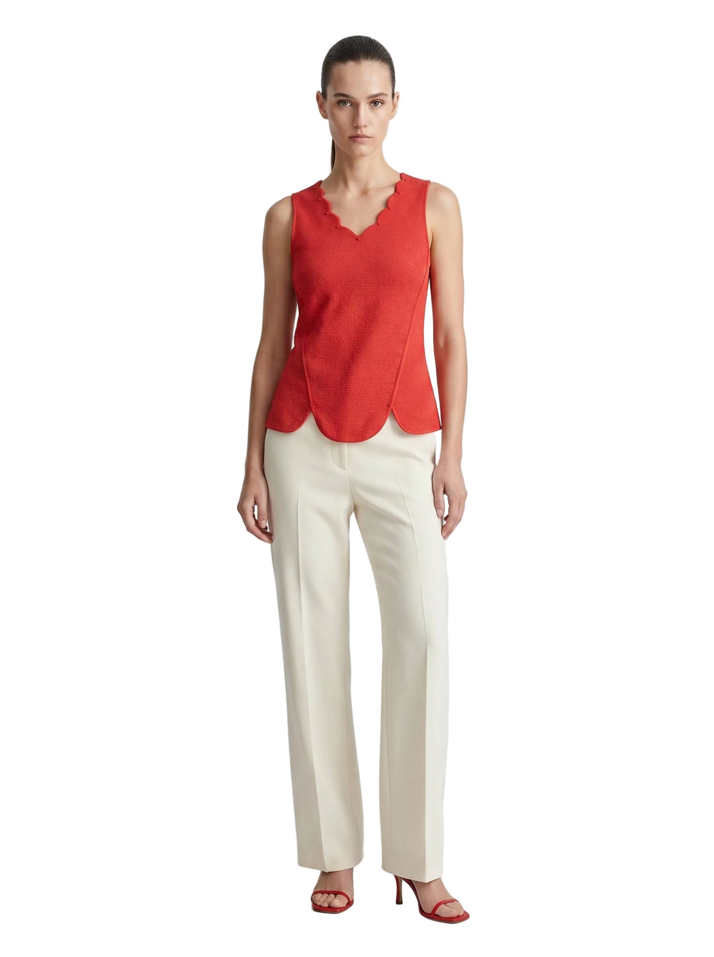 Blusa Roja Festoneada con Perlas
