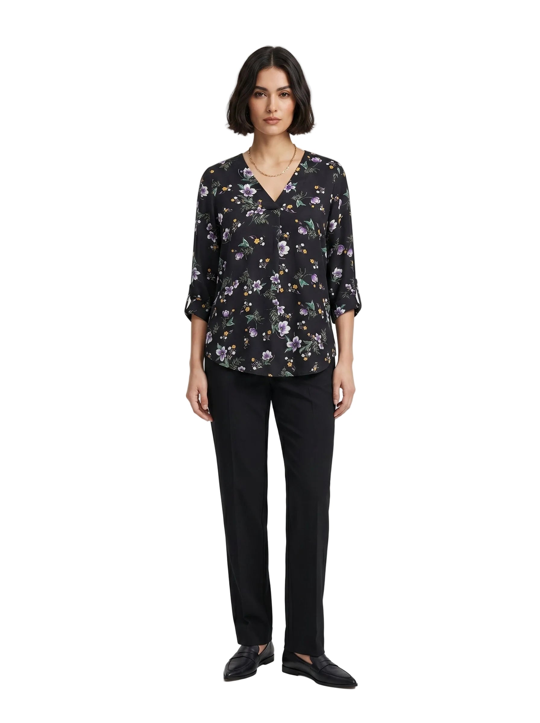 Blusa Floral con Manga Enrollable — Fondo Negro