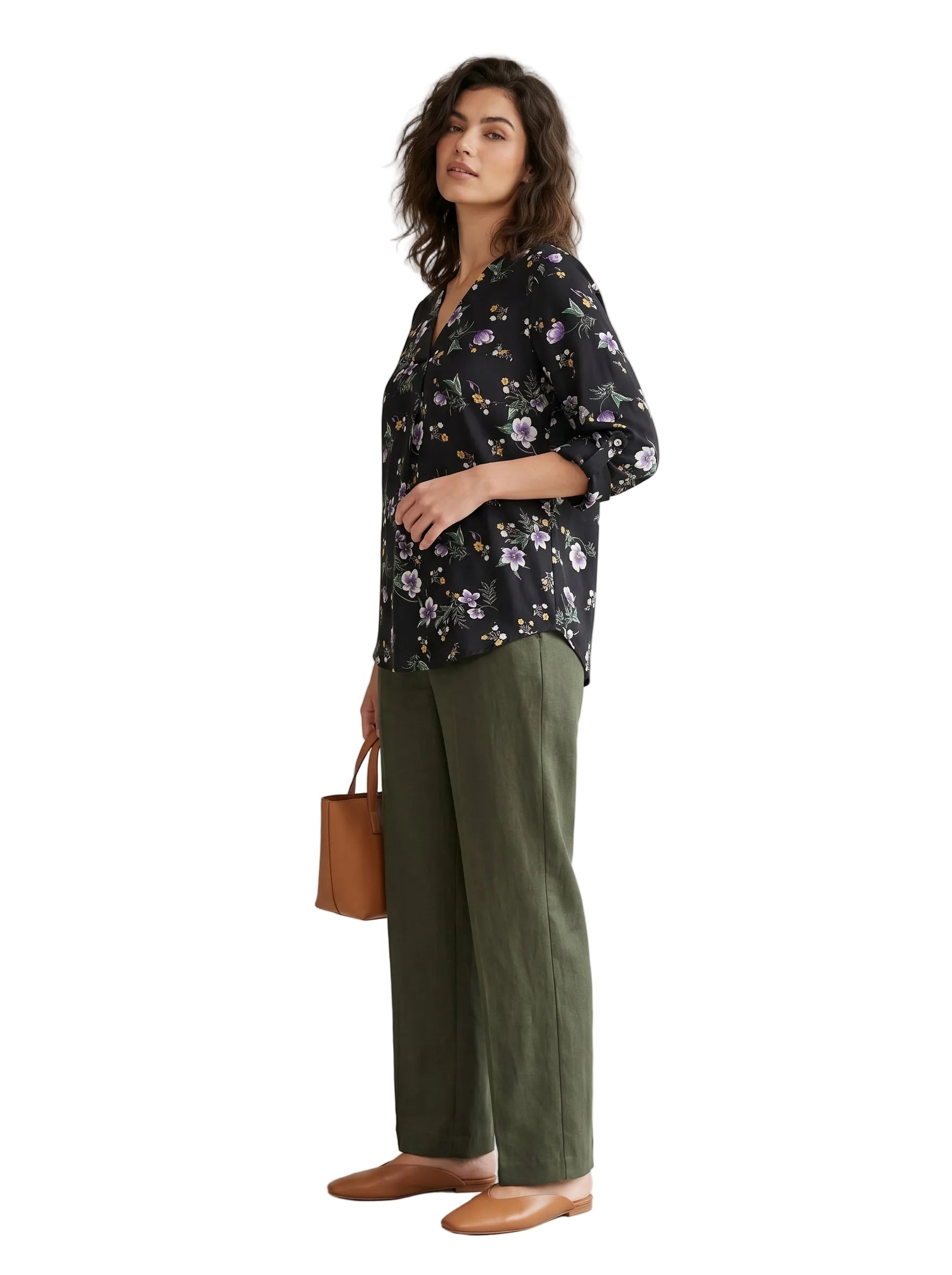 Blusa Floral con Manga Enrollable — Fondo Negro