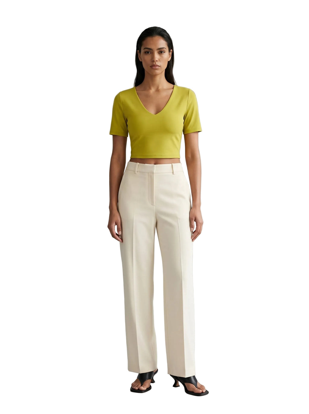 Camiseta Crop Top Escote en V — Verde Mostaza