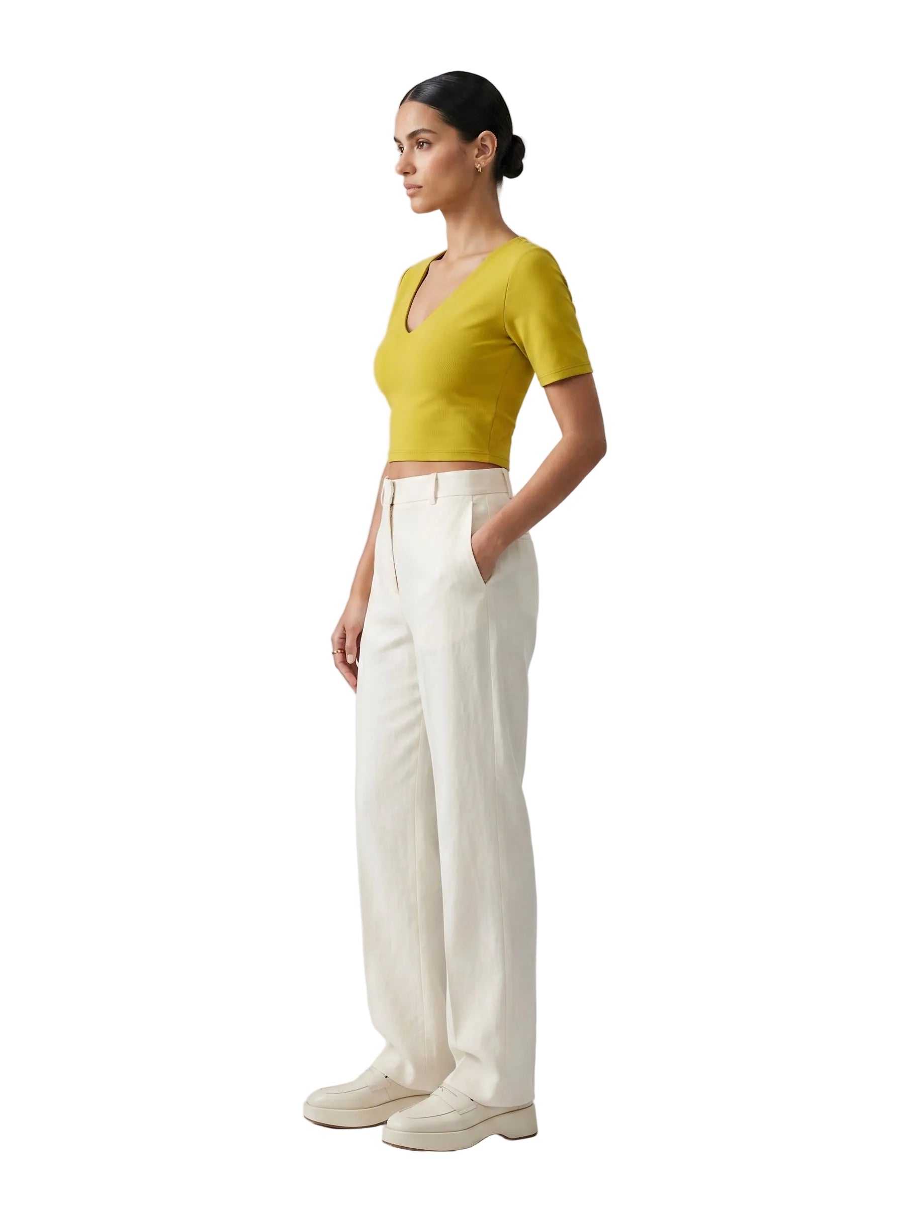 Camiseta Crop Top Escote en V — Verde Mostaza