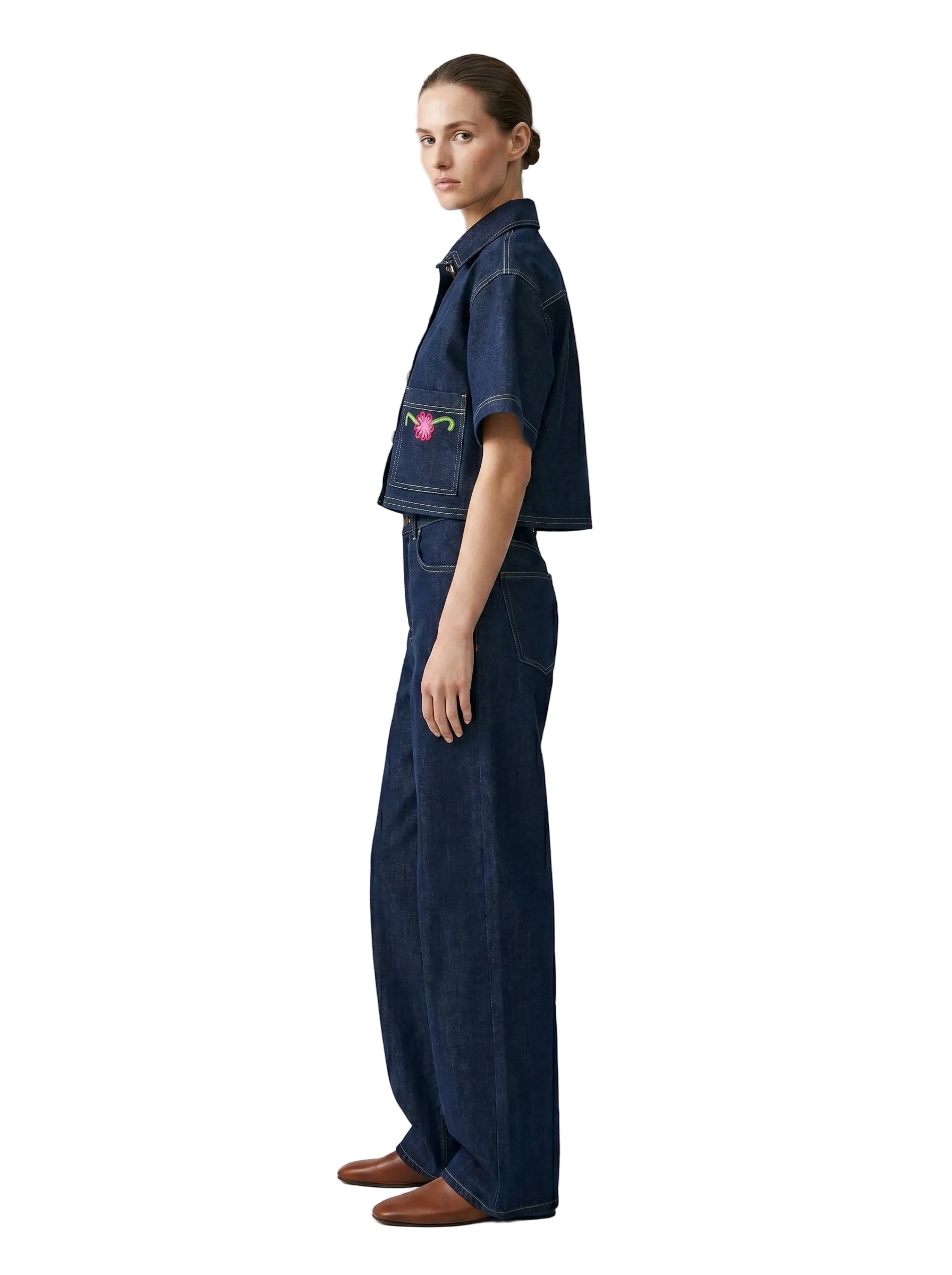 Camisa Crop Denim Flor Bordada