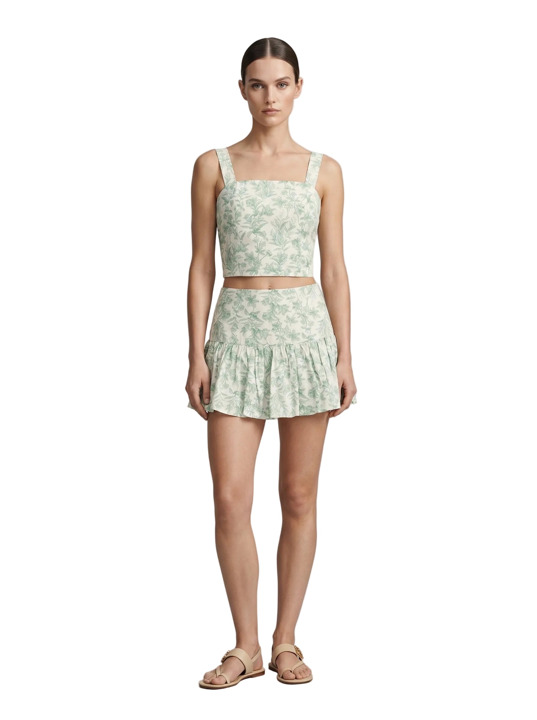 Minifalda escalonada estampado botánico blanco y verde