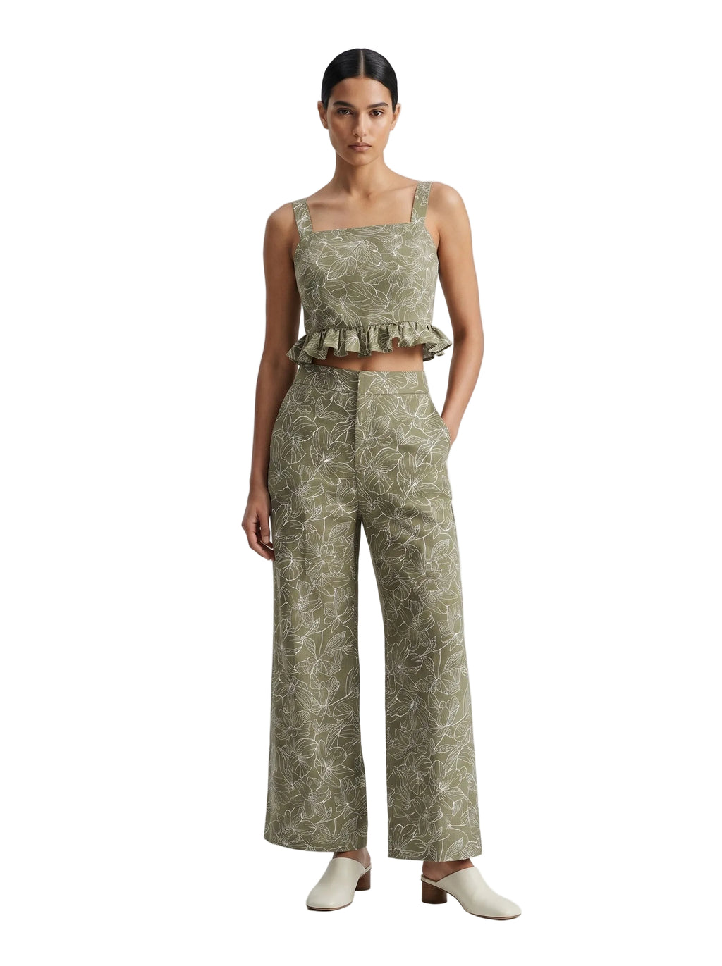 Pantalón floral de lino verde oliva