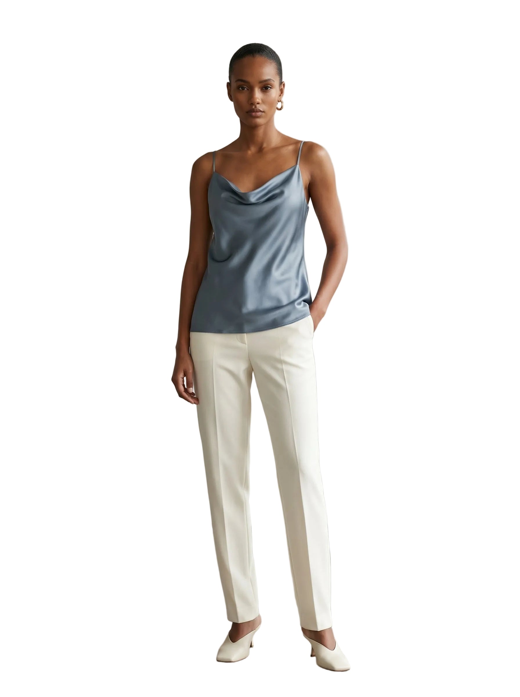 Top Satinado con Escote Cowl Azul Acero