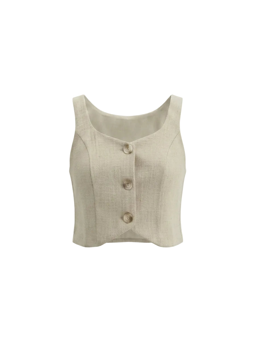Chaleco crop de lino con botones arena natural