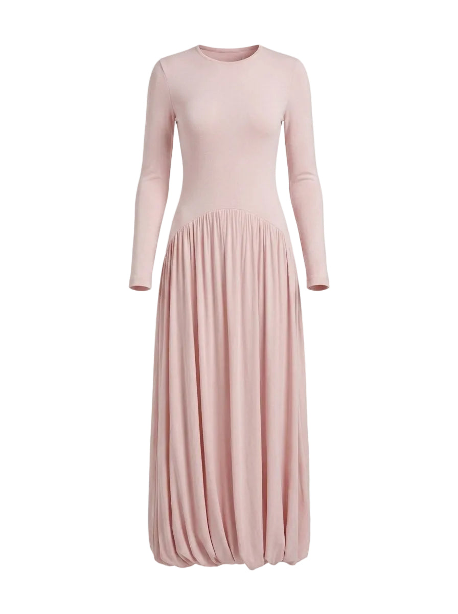 Vestido Maxi Bimateria con Falda Burbuja Rosa Polvos
