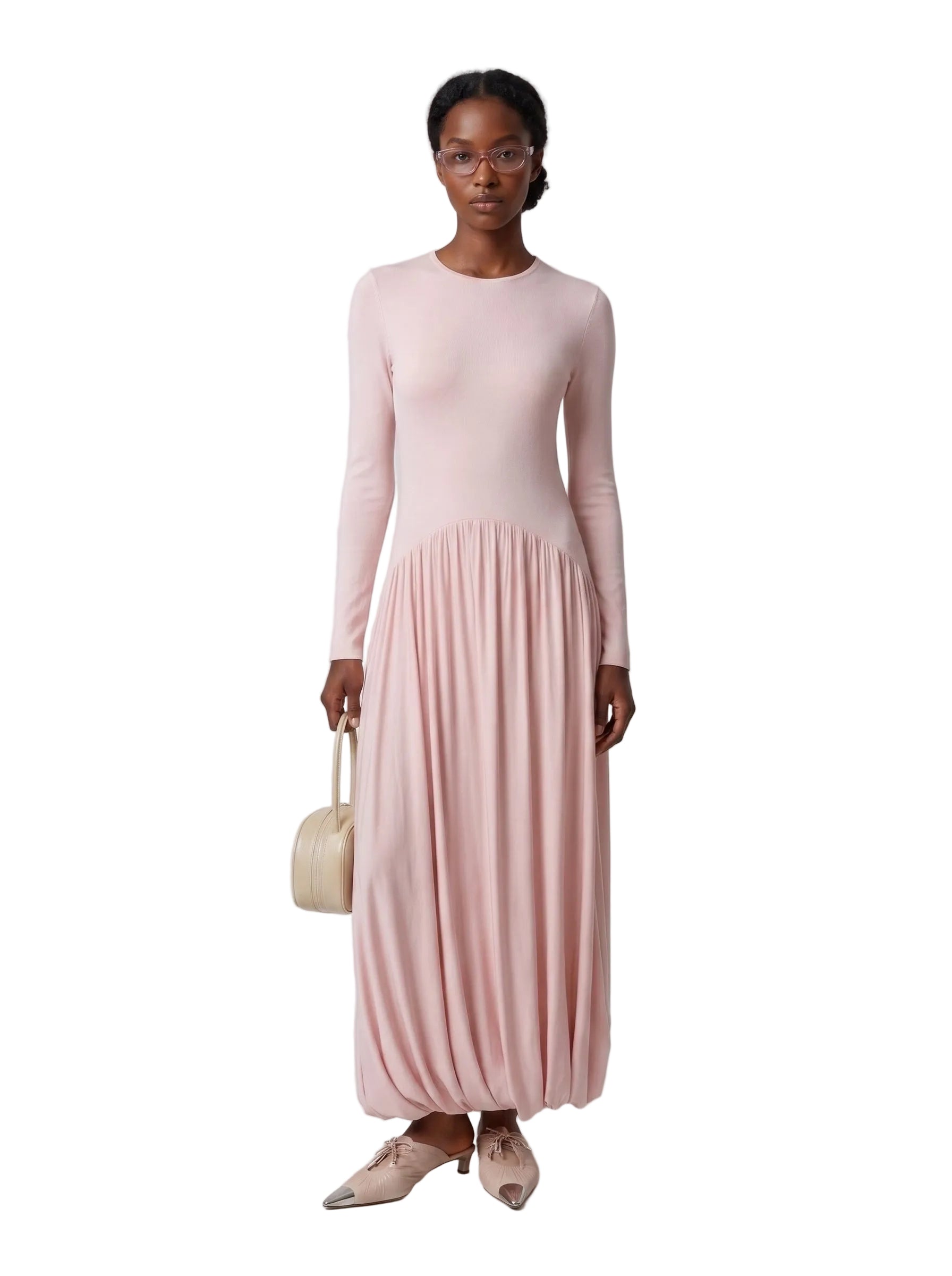 Vestido Maxi Bimateria con Falda Burbuja Rosa Polvos