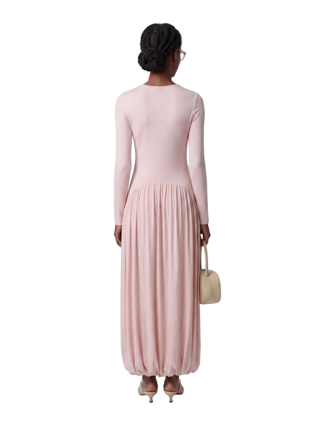 Vestido Maxi Bimateria con Falda Burbuja Rosa Polvos