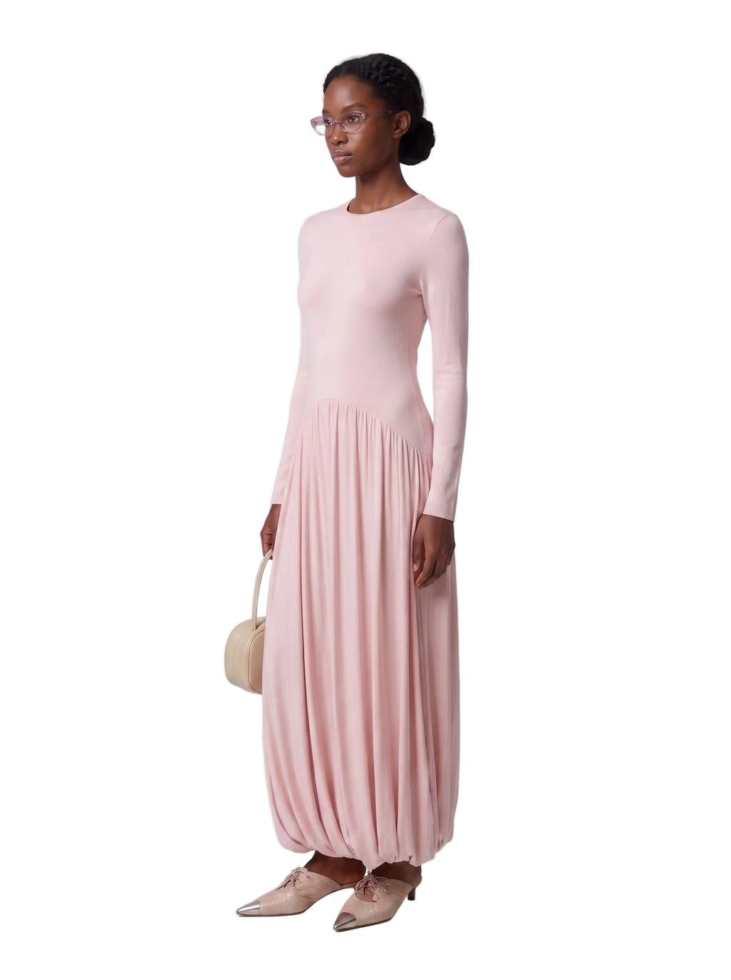 Vestido Maxi Bimateria con Falda Burbuja Rosa Polvos