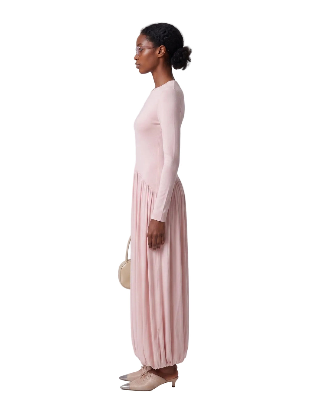 Vestido Maxi Bimateria con Falda Burbuja Rosa Polvos