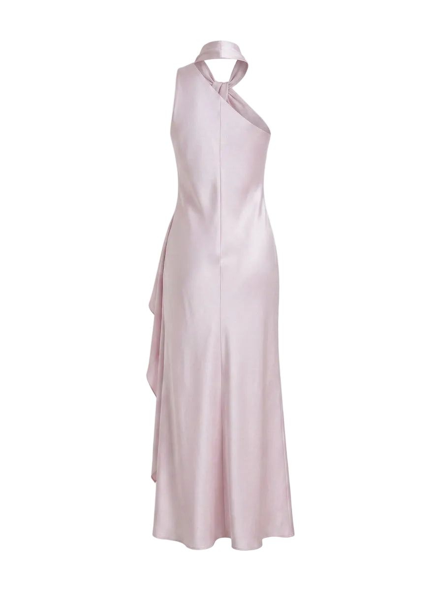 Vestido Maxi Satinado con Choker y Capa Lateral Lila Perlado