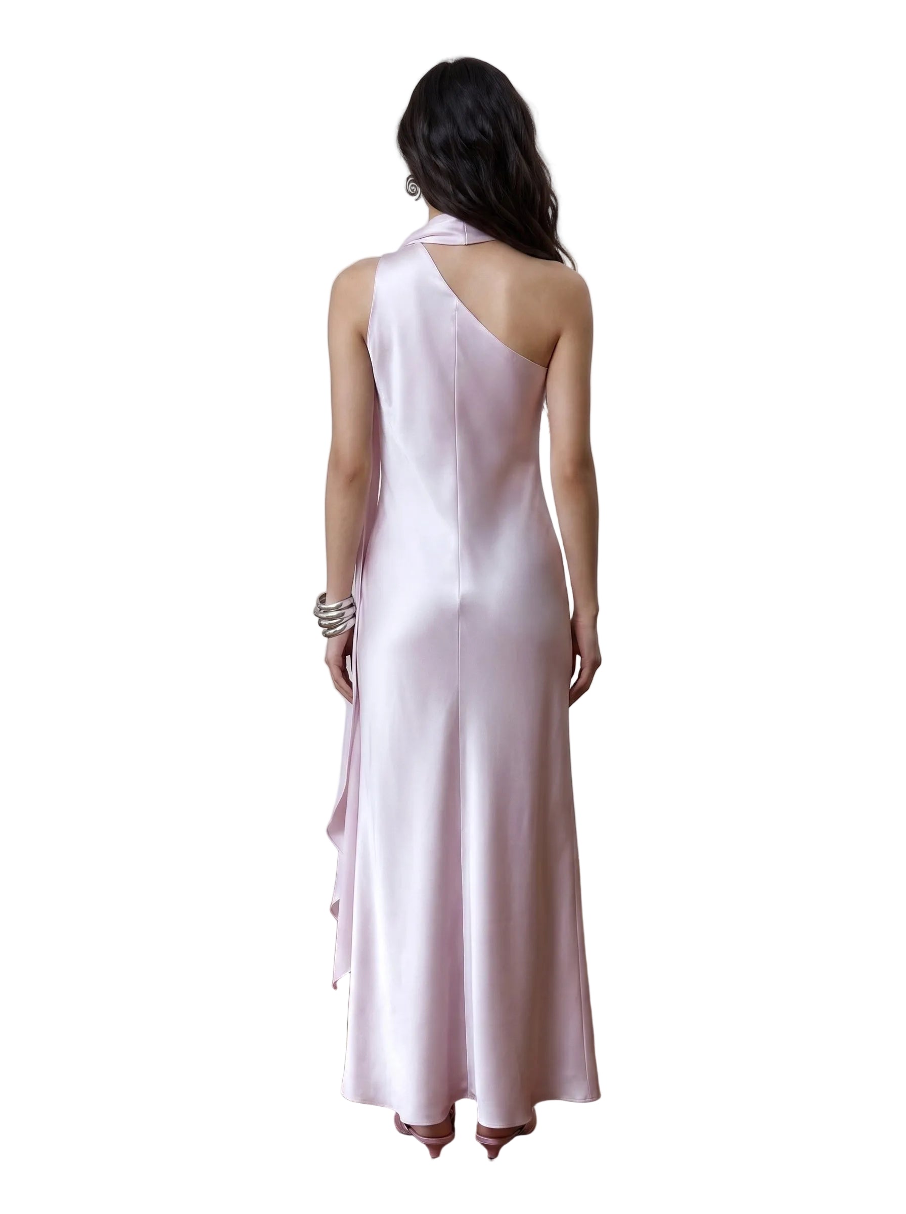 Vestido Maxi Satinado con Choker y Capa Lateral Lila Perlado