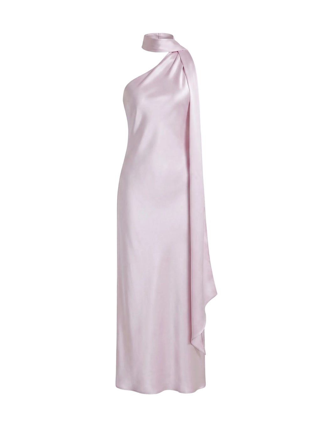 Vestido Maxi Satinado con Choker y Capa Lateral Lila Perlado
