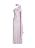 Vestido Maxi Satinado con Choker y Capa Lateral Lila Perlado