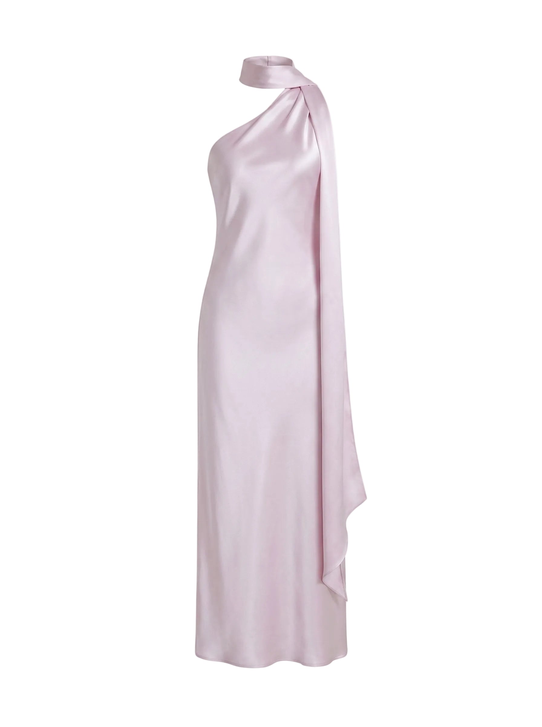 Vestido Maxi Satinado con Choker y Capa Lateral Lila Perlado