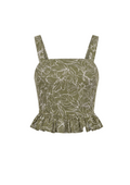 Top peplum floral de lino verde oliva