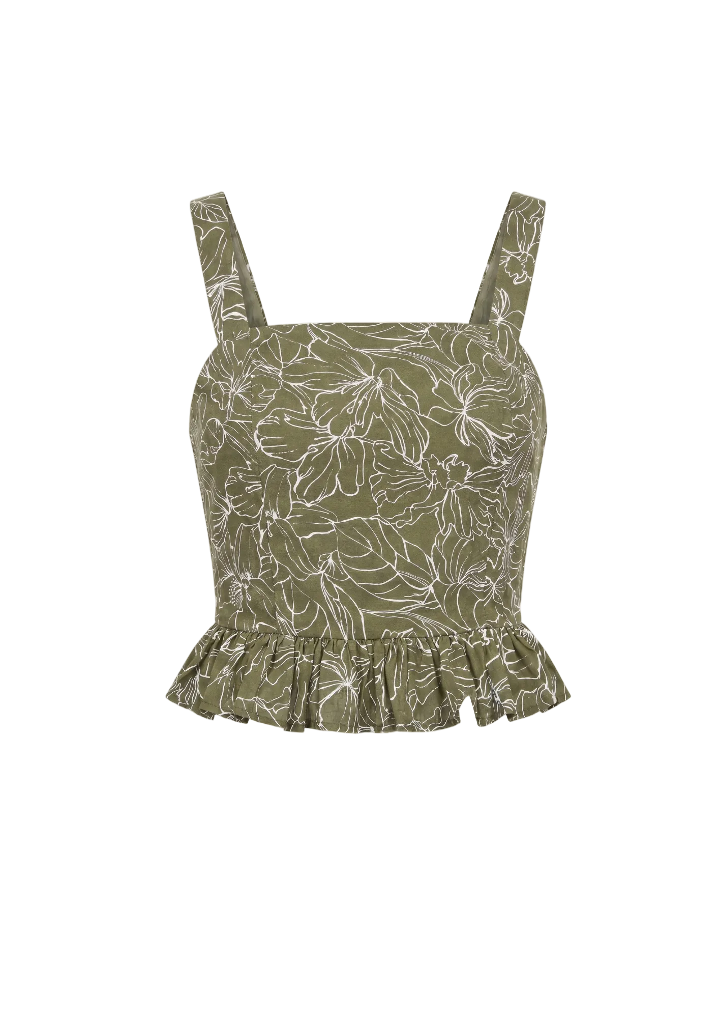 Top peplum floral de lino verde oliva