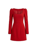 Vestido Mini con Escote Cuadrado y Hombros Abullonados Rojo Intenso