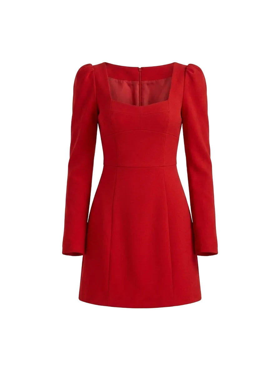 Vestido Mini con Escote Cuadrado y Hombros Abullonados Rojo Intenso