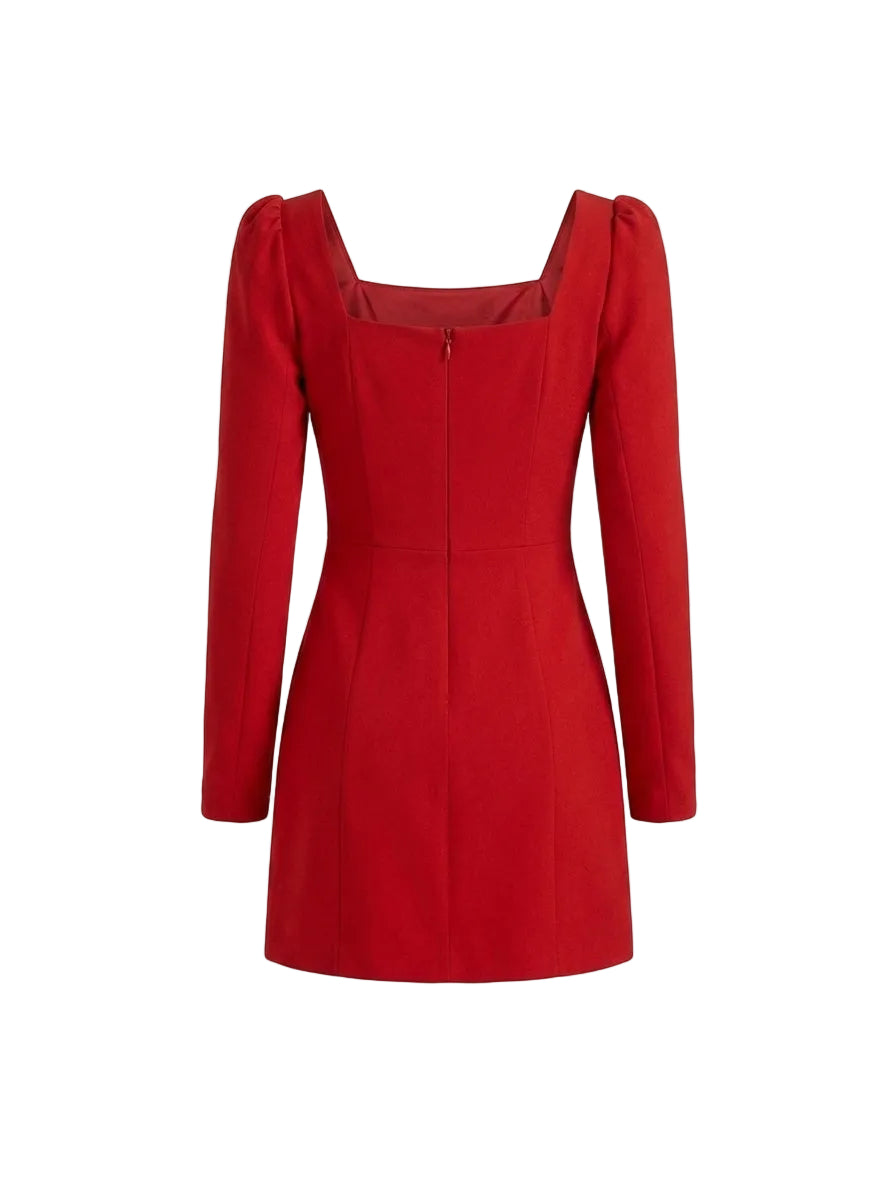 Vestido Mini con Escote Cuadrado y Hombros Abullonados Rojo Intenso