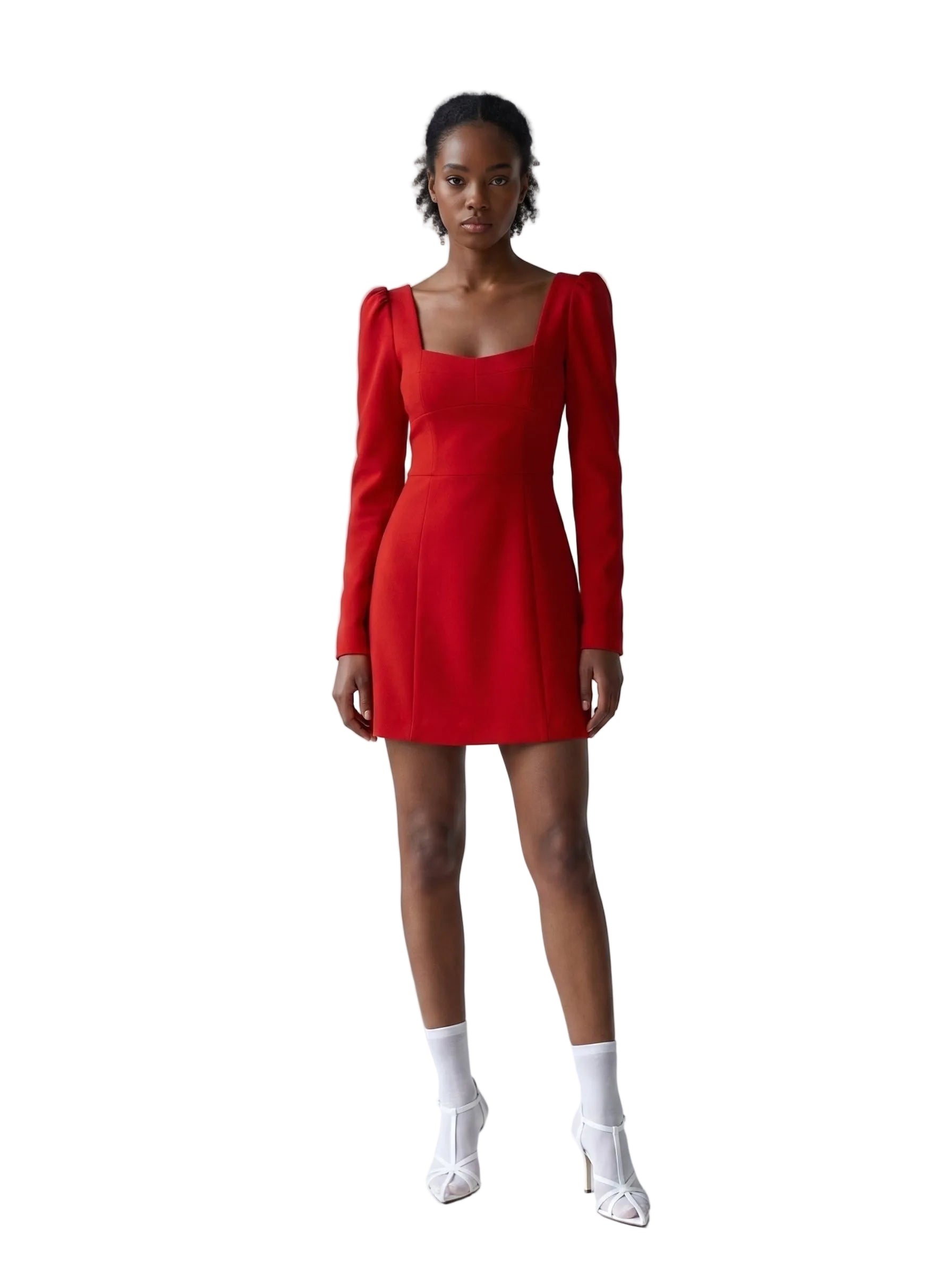 Vestido Mini con Escote Cuadrado y Hombros Abullonados Rojo Intenso