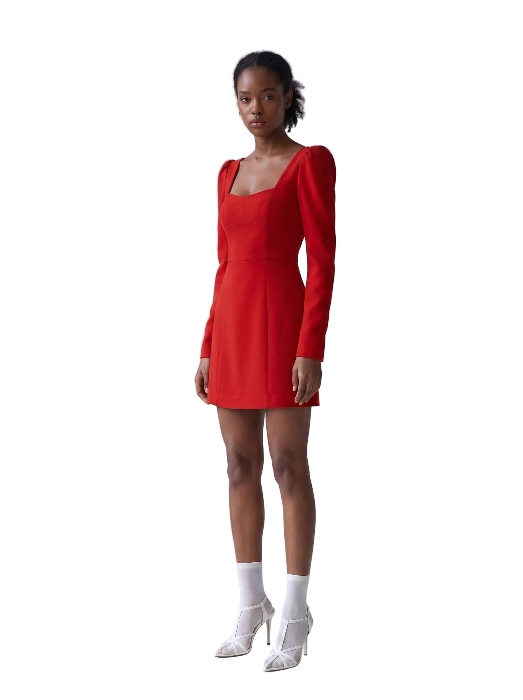Vestido Mini con Escote Cuadrado y Hombros Abullonados Rojo Intenso