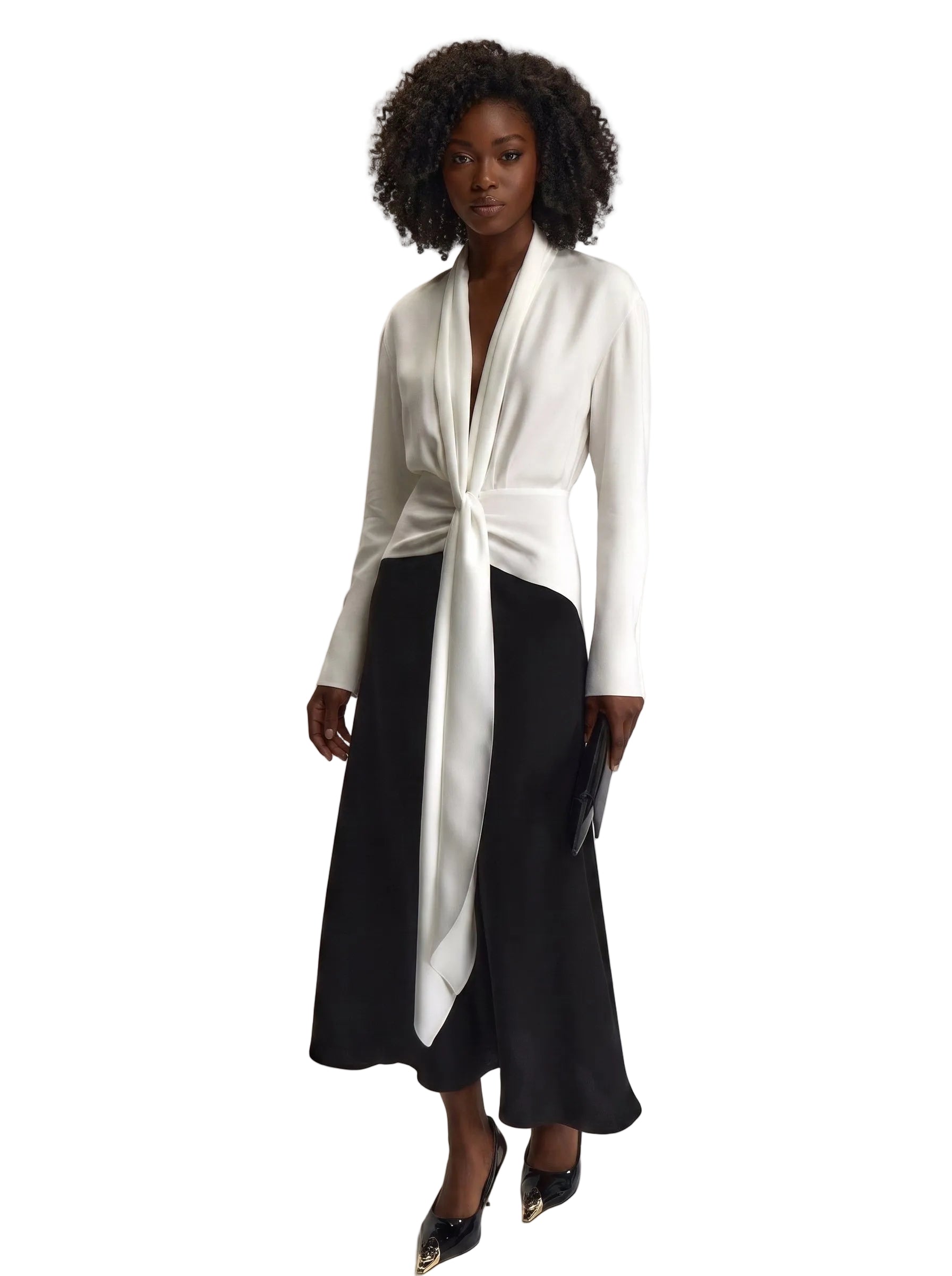 Vestido Midi Bicolor con Nudo Frontal Marfil y Negro