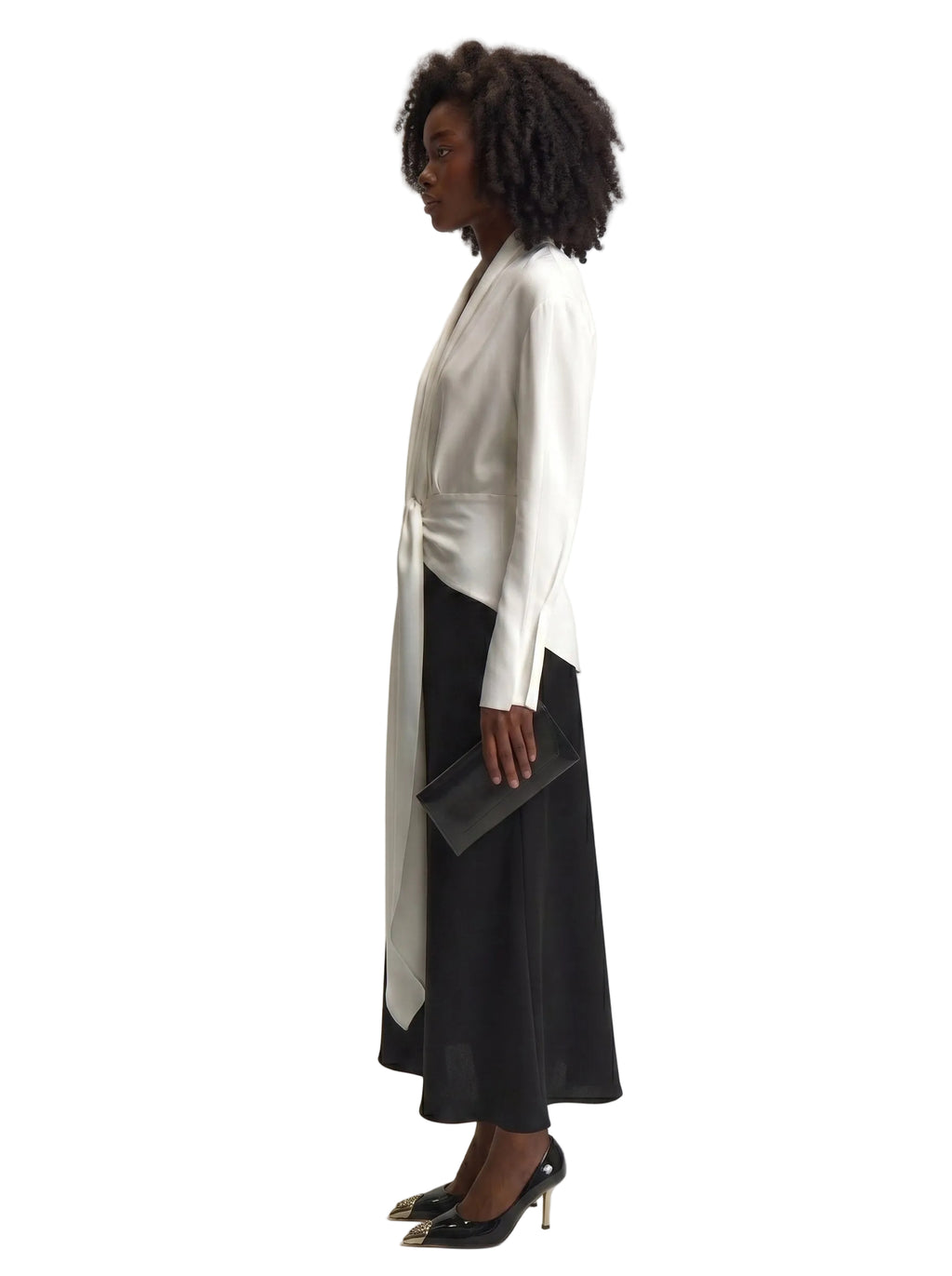Vestido Midi Bicolor con Nudo Frontal Marfil y Negro