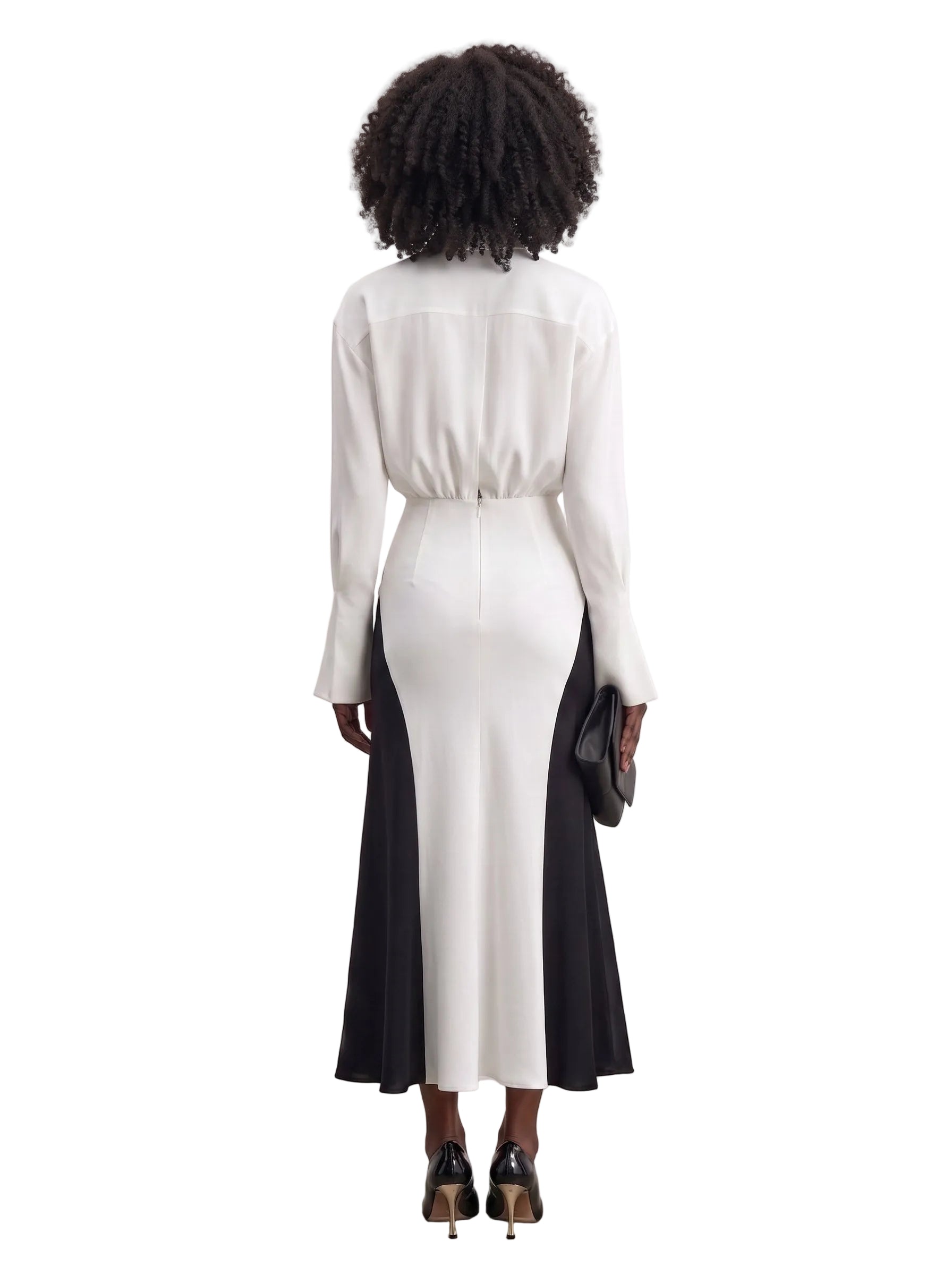 Vestido Midi Bicolor con Nudo Frontal Marfil y Negro