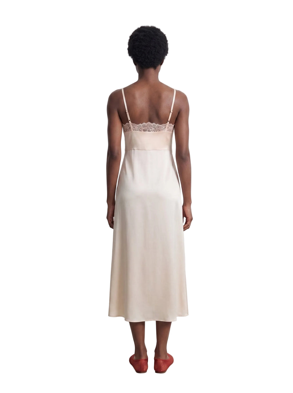 Vestido Midi Satinado con Encaje y Botones Frontales Marfil