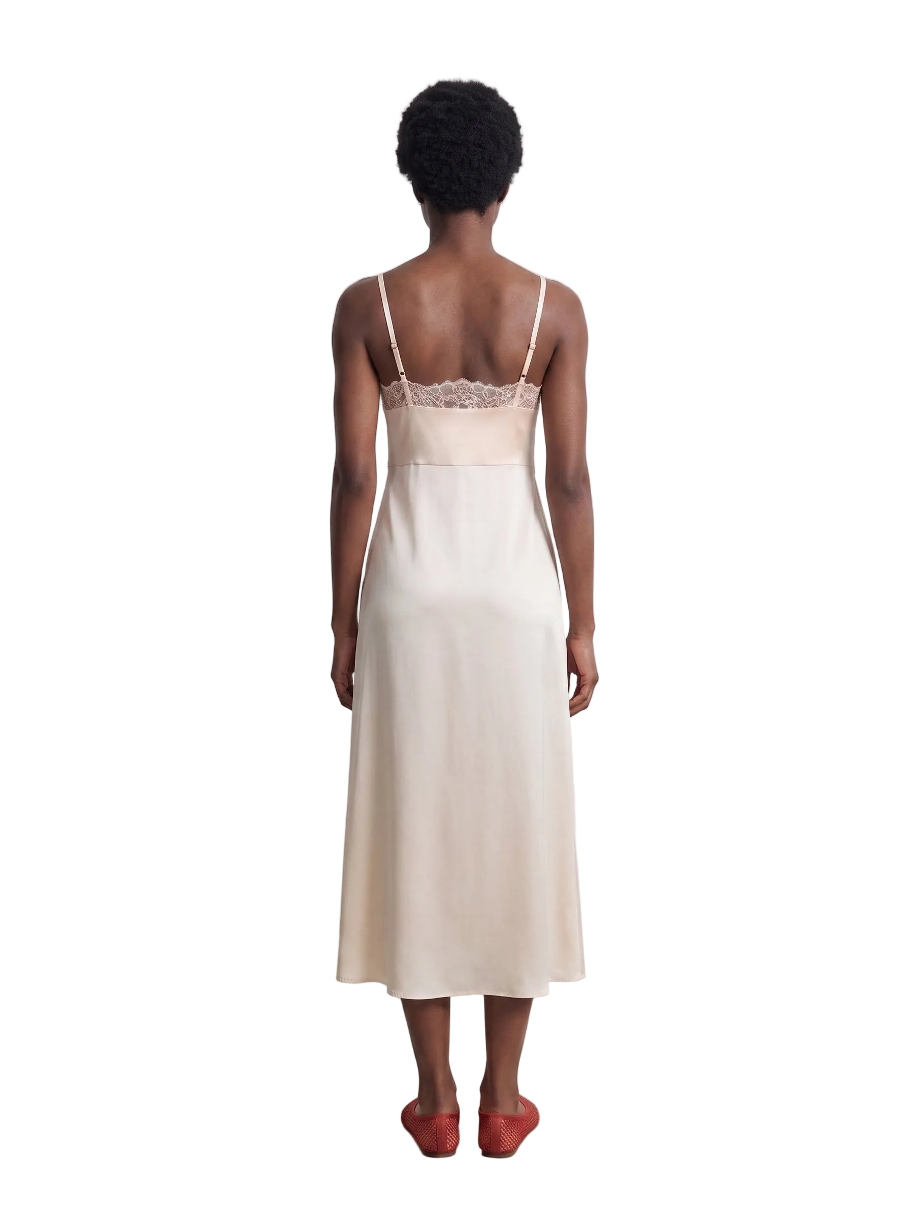Vestido Midi Satinado con Encaje y Botones Frontales Marfil