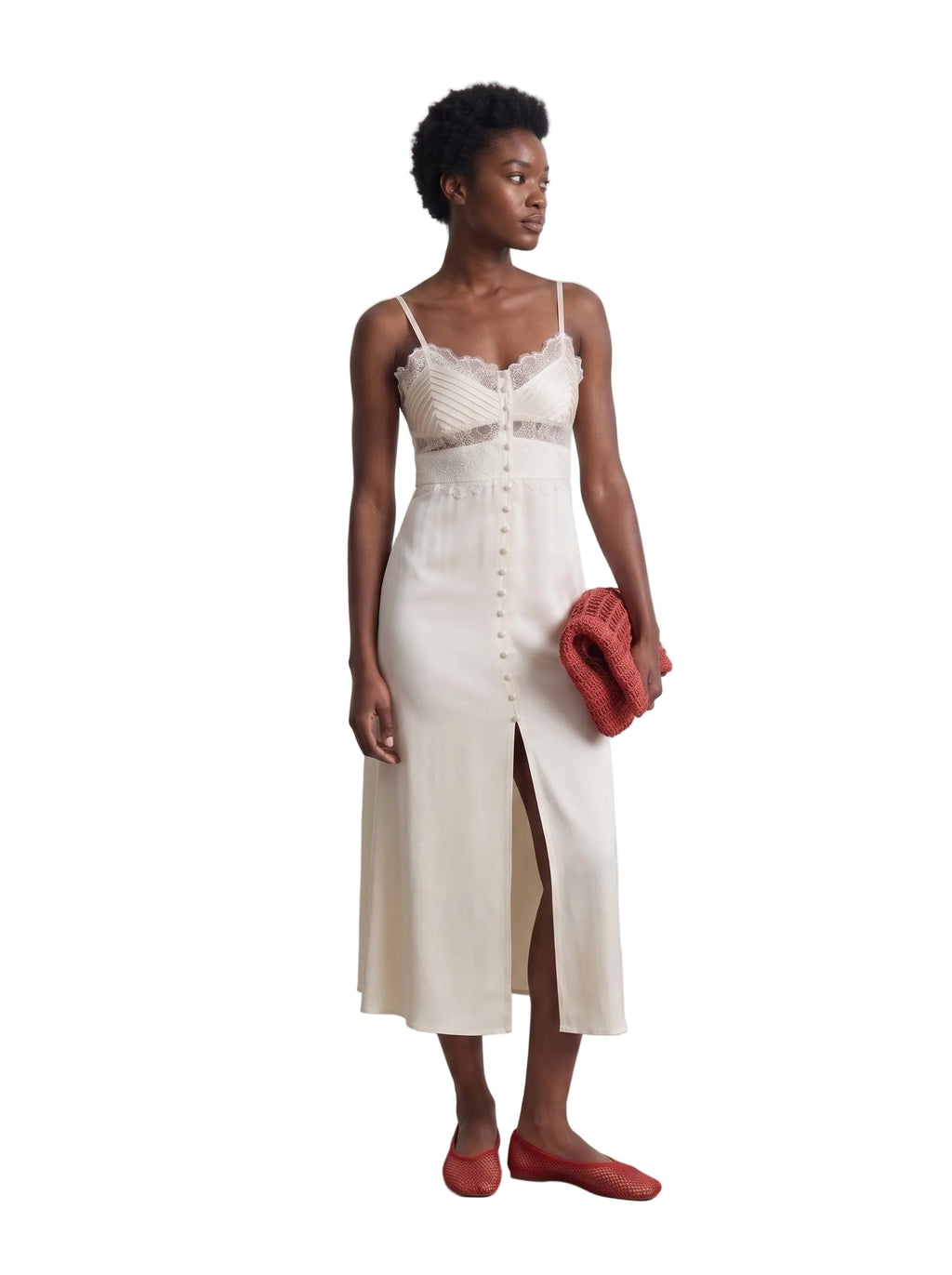 Vestido Midi Satinado con Encaje y Botones Frontales Marfil