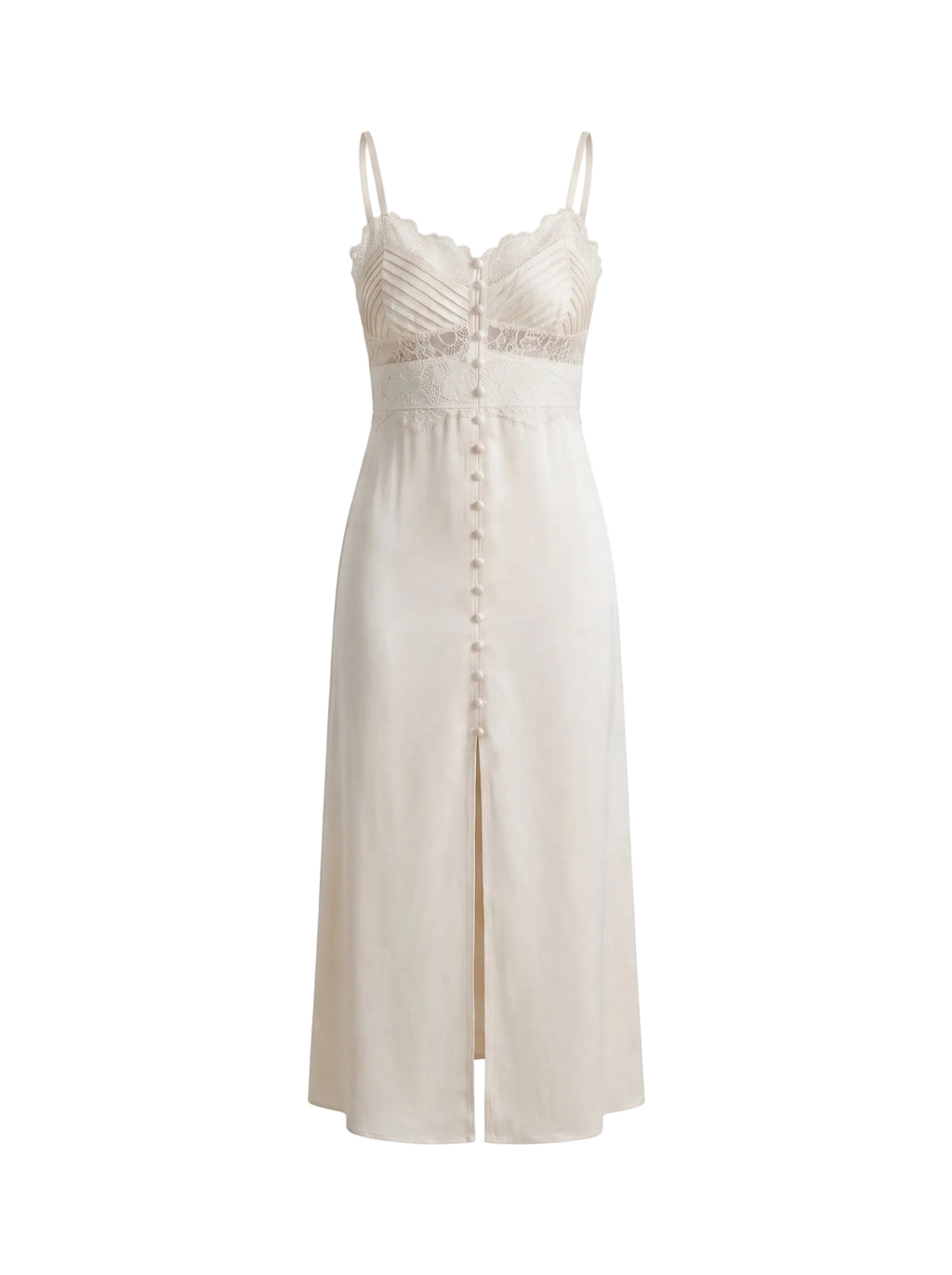 Vestido Midi Satinado con Encaje y Botones Frontales Marfil