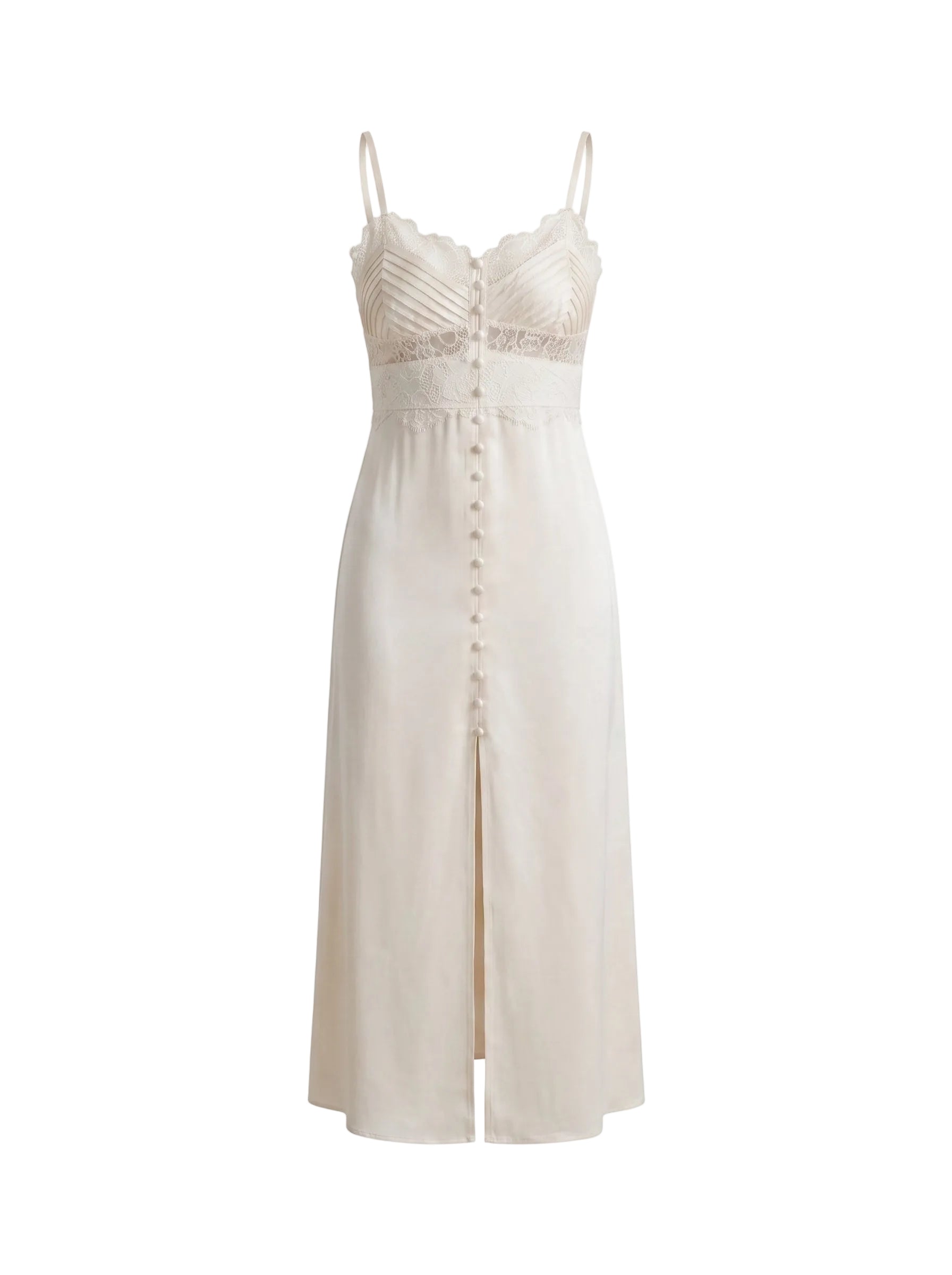 Vestido Midi Satinado con Encaje y Botones Frontales Marfil