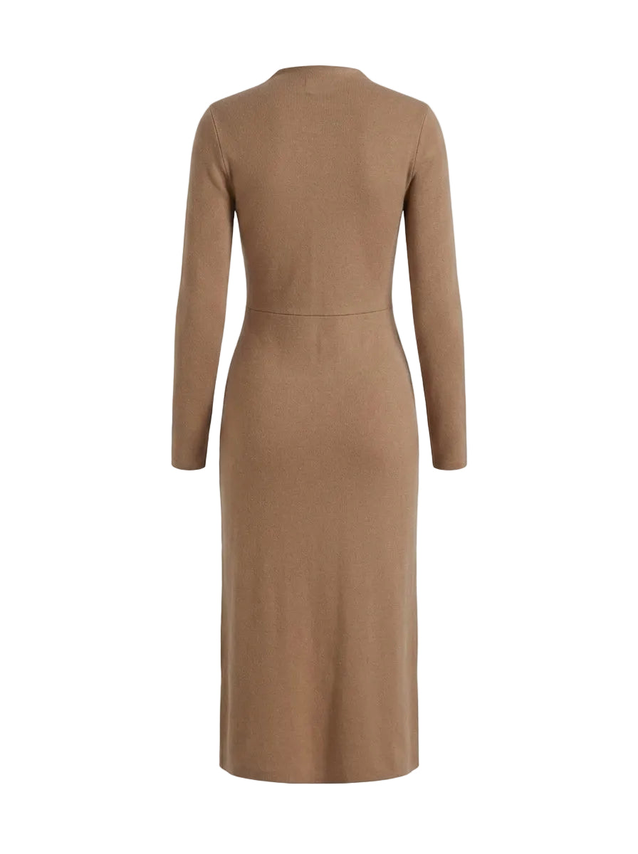 Vestido Midi Bodycon con Cut-Out y Cuello Alto Camel