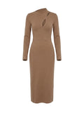 Vestido Midi Bodycon con Cut-Out y Cuello Alto Camel