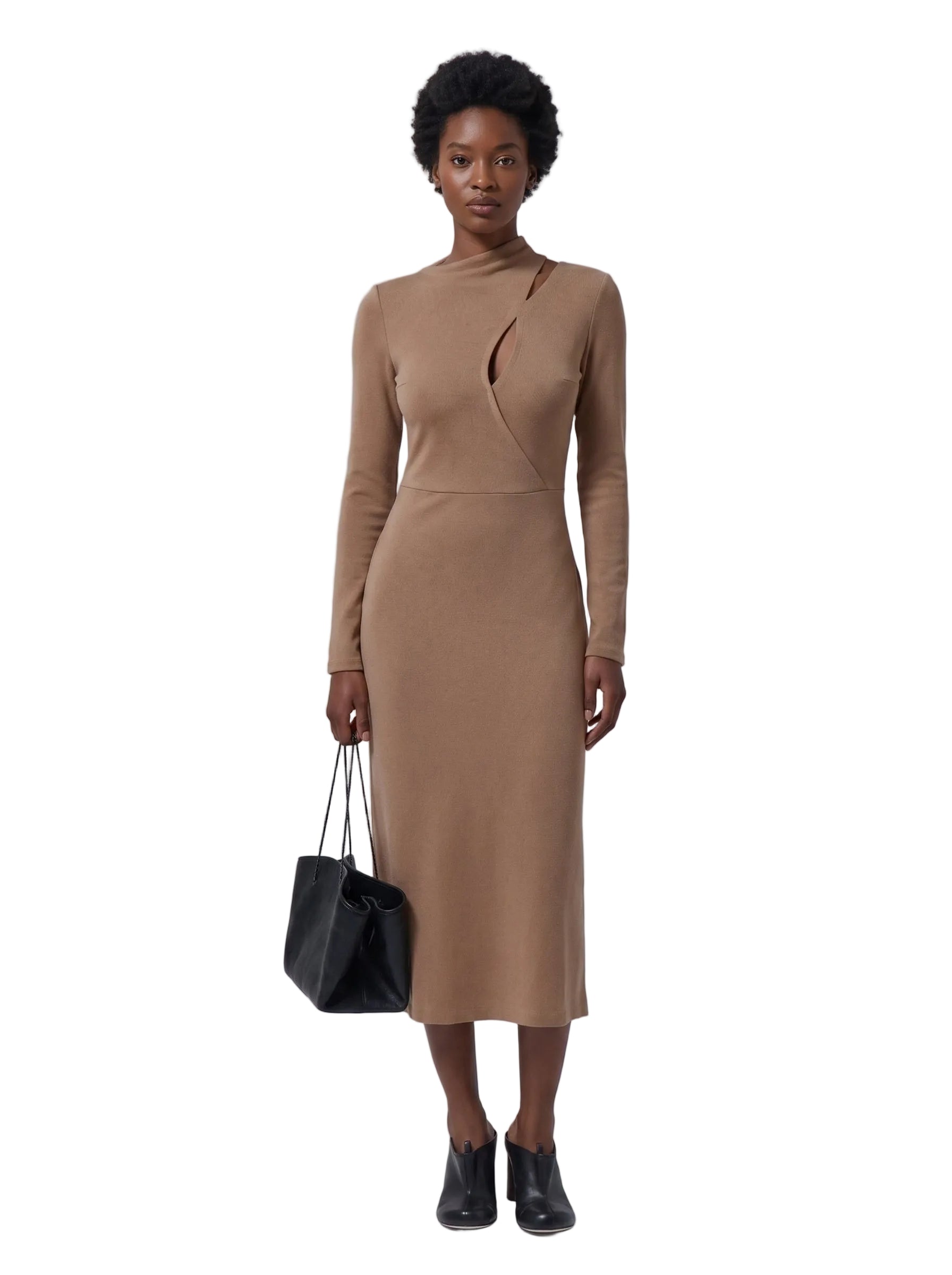 Vestido Midi Bodycon con Cut-Out y Cuello Alto Camel