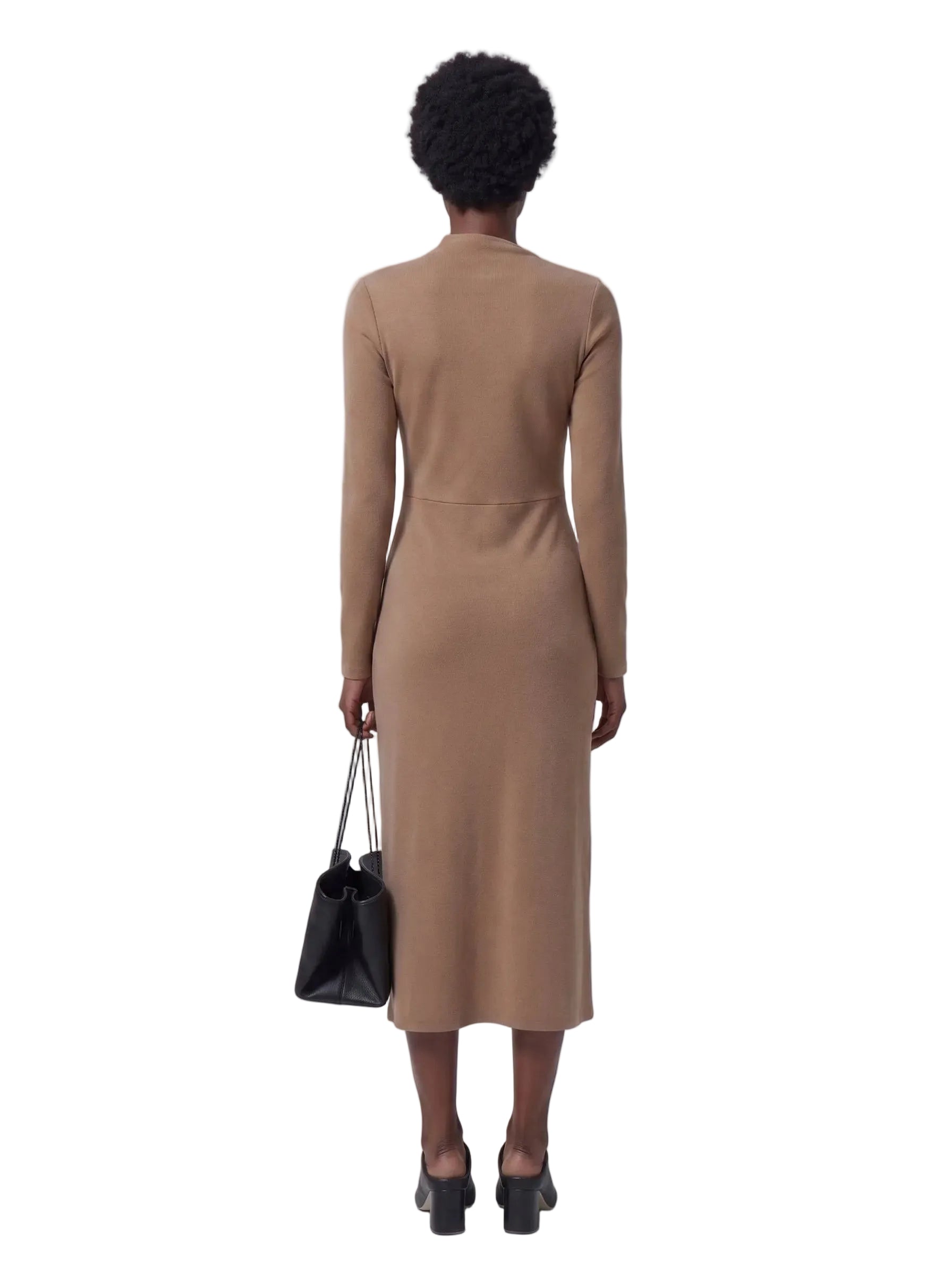 Vestido Midi Bodycon con Cut-Out y Cuello Alto Camel