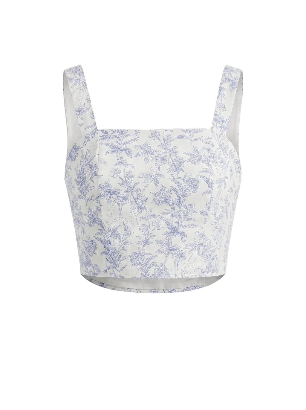 Top crop corset estampado botánico blanco y azul