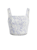 Top crop corset estampado botánico blanco y azul